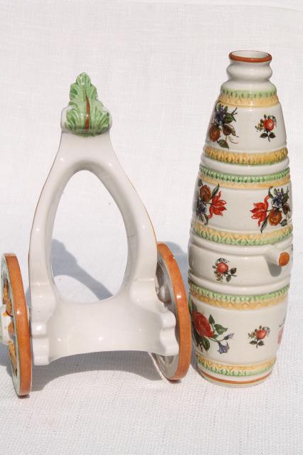 0s vintage Italian wine decanter, Florentine hand painted ceramic cannon stand & bottle