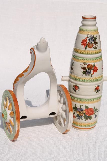 0s vintage Italian wine decanter, Florentine hand painted ceramic cannon stand & bottle