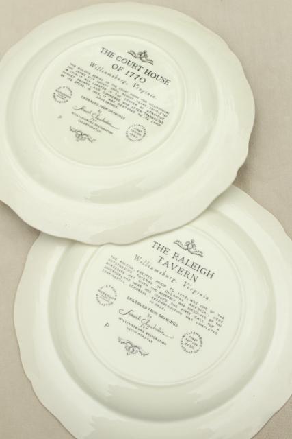 10 Wedgwood china dinner plates, black transferware scenes of Williamsburg