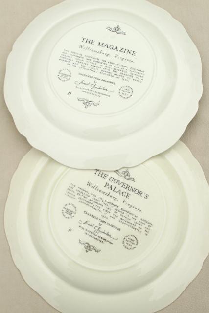 10 Wedgwood china dinner plates, black transferware scenes of Williamsburg