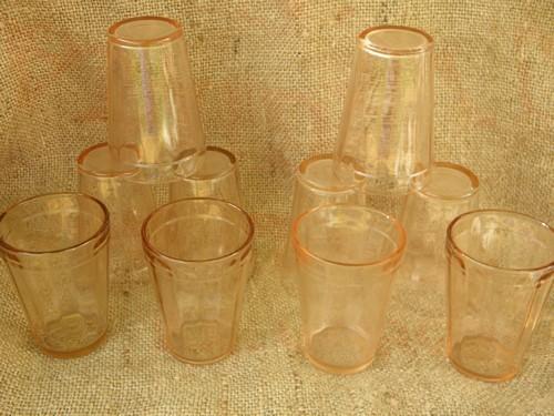 10 old pink depression glass juice glasses, vintage Hazel-Atlas