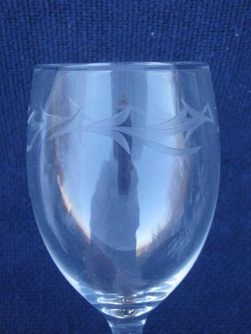 10 unused vintage Seneca glass label wine glasses, wheel-cut leaves