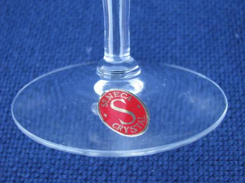 10 unused vintage Seneca glass label wine glasses, wheel-cut leaves