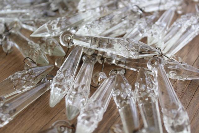 100+ antique pressed glass prisms or lusters, vintage chandelier teardrops w/ waffle pattern