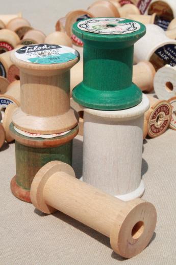 100 vintage wooden spools, old sewing thread spools, primitive wood spool lot