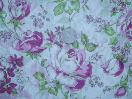 11 yds vintage 36 wide sheer cotton fabric, plum colored roses floral print