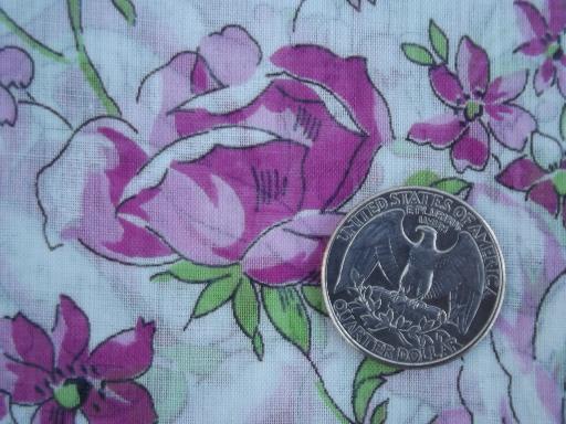 11 yds vintage 36 wide sheer cotton fabric, plum colored roses floral print