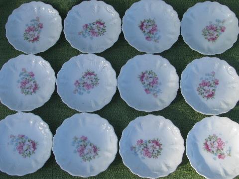 12 antique azalea lily floral china butter pat plates, vintage Germany?