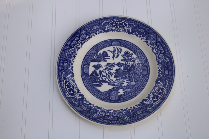 12 mismatched vintage blue white china plates, all blue willow patterns most England