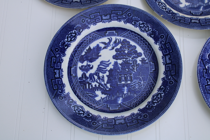12 mismatched vintage blue white china plates, all blue willow patterns most England