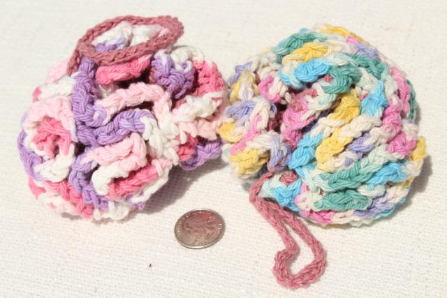 12 new hand knit crochet cotton wash cloth bath puff, round scrubby poofs for the shower