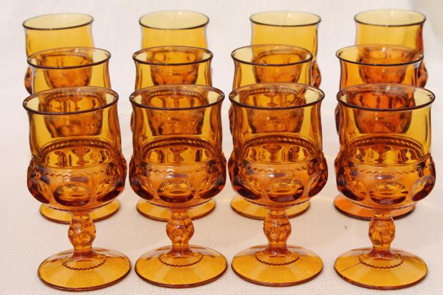 12 vintage amber glass wine glasses water goblets, Kings Crown thumbprint pattern