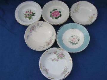 12 vintage china dessert bowls, 2 each of 6 different floral dishes