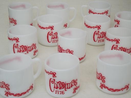 12 vintage milk glass coffee mugs, Christmas 1976 Federal glass cups