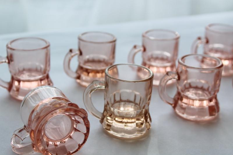12 vintage pink depression glass shot glasses, tiny beer mugs Federal glass