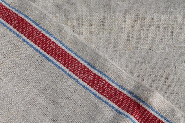 12 yards antique vintage natural flax linen towel / runner fabric, red & blue stripe