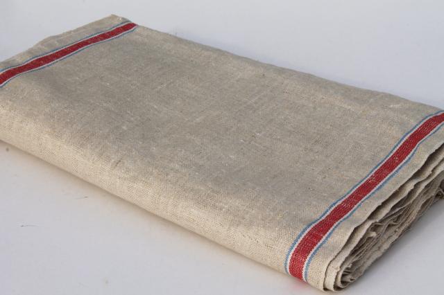 12 yards antique vintage natural flax linen towel / runner fabric, red & blue stripe