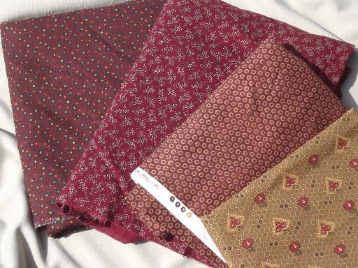 15 yds print cotton quilt fabric, brick red & brown quilting fabric lot 