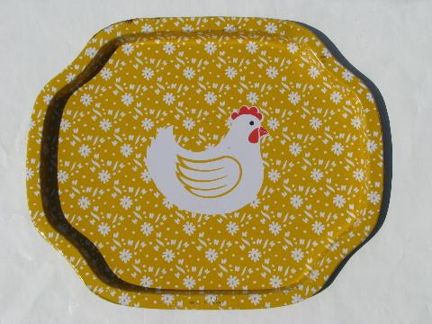16 small metal trays, print calico farm animals cow, hen, pig, duck