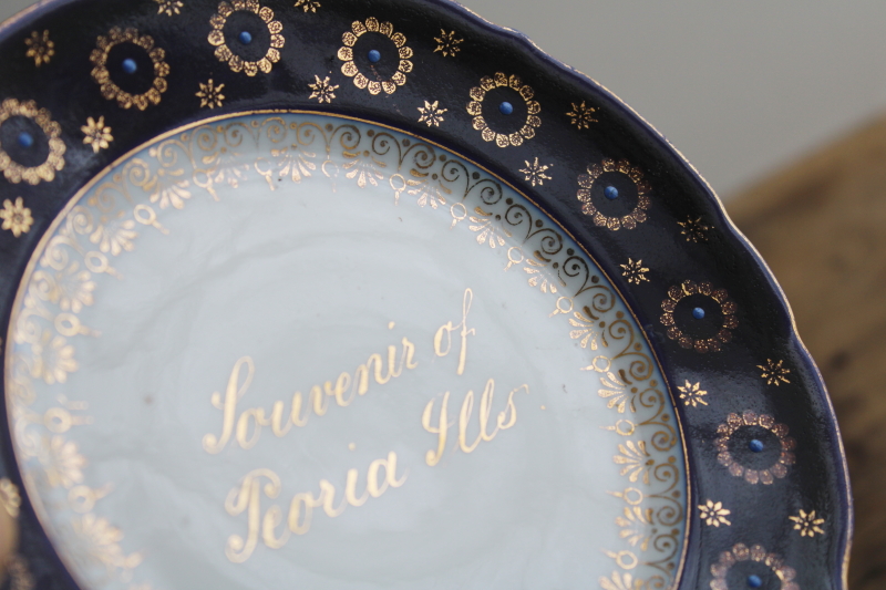 1800s Victorian era souvenir plate Peoria Illinois, antique cobalt flow blue china Germany