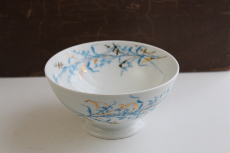 1800s vintage Limoges china footed bowl cafe au lait shape, naturalistic grasses flowers aqua  gold