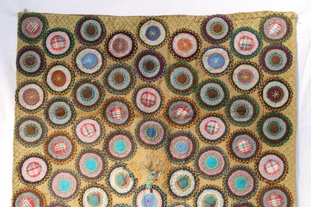 1800s vintage antique table cover, fabric penny rug circles w/ hand stitched embroidery