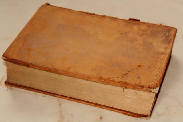 1800s vintage leather bound book, shabby worn old antique library photo prop