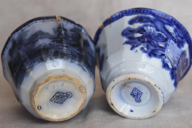 1840s 1850s antique handleless cups, English flow blue china early Victorian vintage