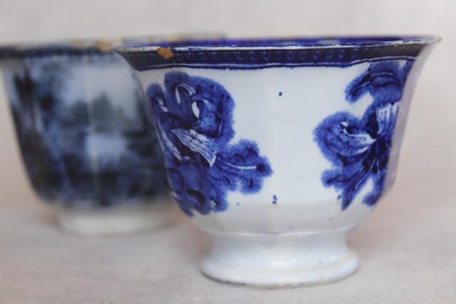 1840s 1850s antique handleless cups, English flow blue china early Victorian vintage
