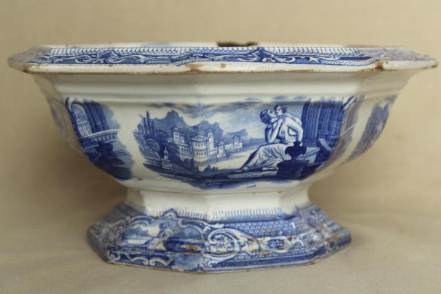 1850s antique blue & white ironstone octagonal bowl basin, Cupid & Psyche Grecian ruins Clementson Sydenham