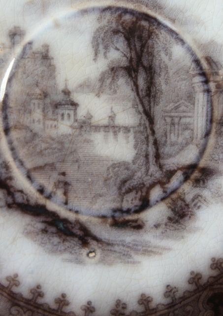 1860s flow black mulberry transferware saucer plate, Vincennes Alcock - England