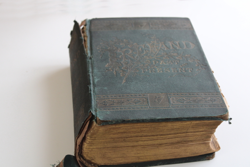 1880s antique book Ireland past  present, shabby green cover w/ shamrocks, many engravings