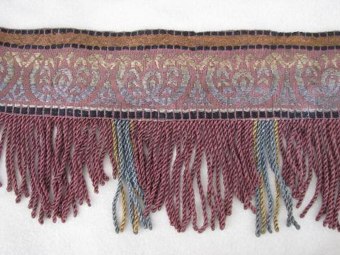 1880s vintage antique drapery trim, rayon embroidery & long fringe