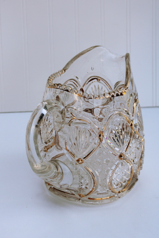 1890s EAPG pitcher, Northwood Crystal Queen large jug w/ gold, antique pressed pattern glass