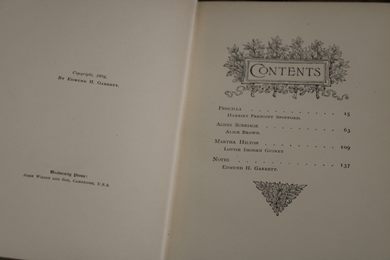1890s antique book Heroines of New England Romance, gold  white art binding