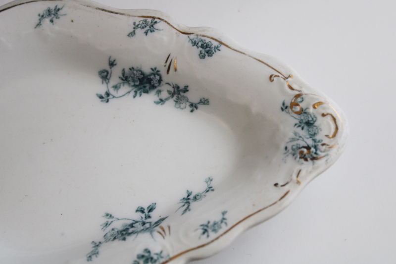 1890s antique teal blue transferware china, Grindley Teresa pattern floral small oval dish