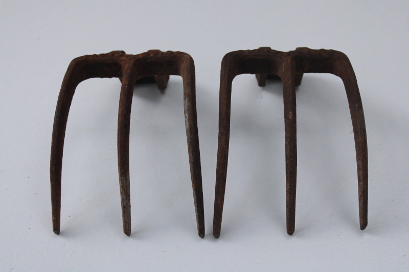 1890s patent date antigue cast iron claw hooks, vintage rake tool or farm equipment hardware rusty primitive