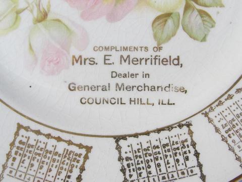1914 calendar plate Mrs E Merrifield store Council Hill Illinois