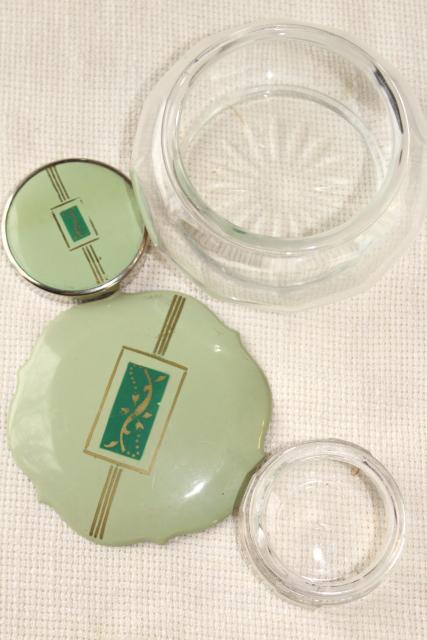 1920s 1930s vintage jadite green early plastic celluloid dresser set, hairbrush & mirror