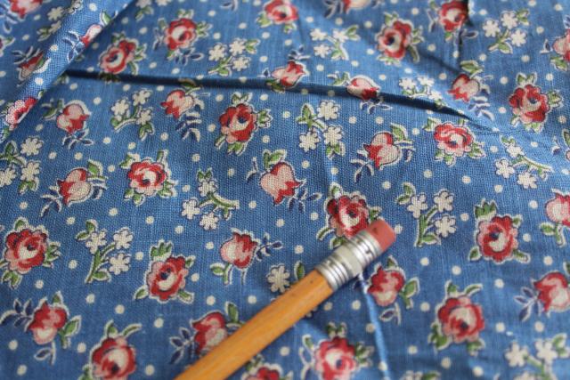 1920s 1930s vintage print cotton fabric, housedress or apron material tiny red roses on blue