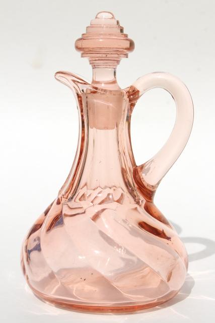 1920s 1930s vintage rose pink & amber yellow depression glass cruet bottles