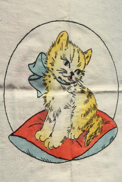 1920s 30s vintage Vogart tinted embroidery, embroidered kitten on shaded linen 