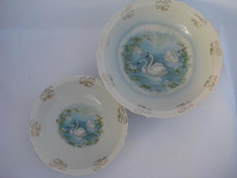1920s - 30s vintage china bowls, white swans on blue, shabby cottage chic