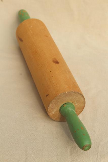 1920s 30s vintage hardwood rolling pin w/ green wood handles, antique kitchenware