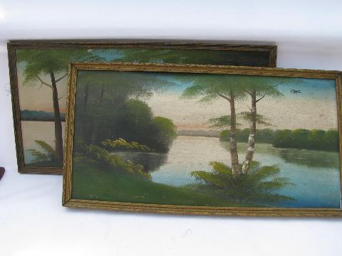 1920s - 30s vintage original paintings, primitive landscapes, lake w/ early bi-plane