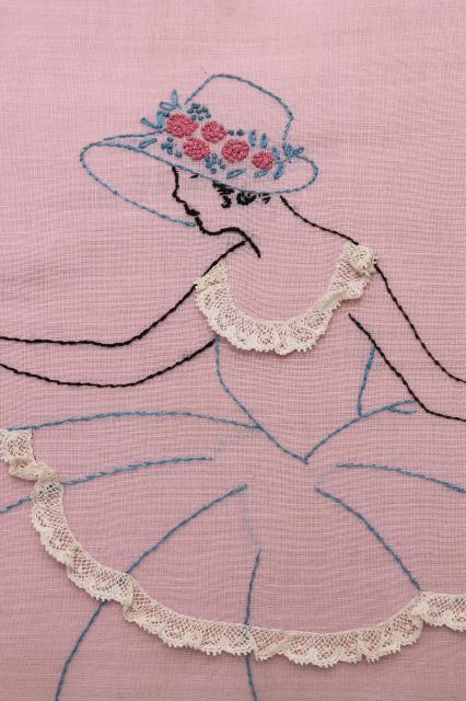 1920s 30s vintage pink & white lace trimmed embroidered cushions, throw pillows for bed or boudoir