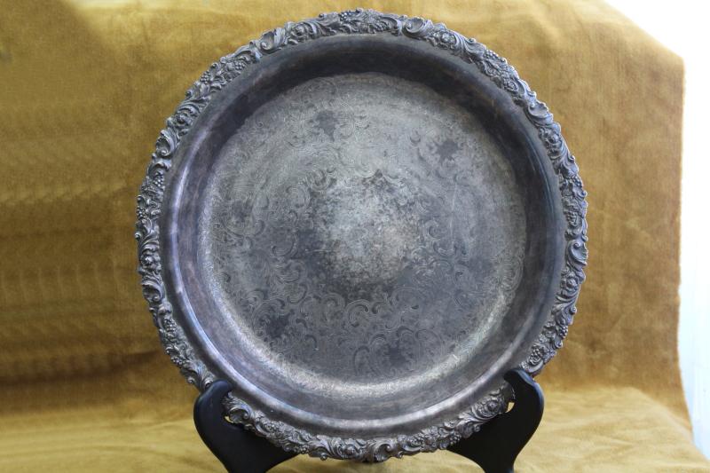 1920s vintage Friedman silverplate round bar tray w/ deep bowl shape, ornate border