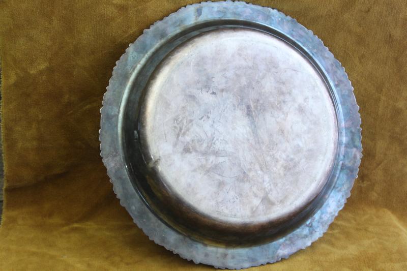 1920s vintage Friedman silverplate round bar tray w/ deep bowl shape, ornate border
