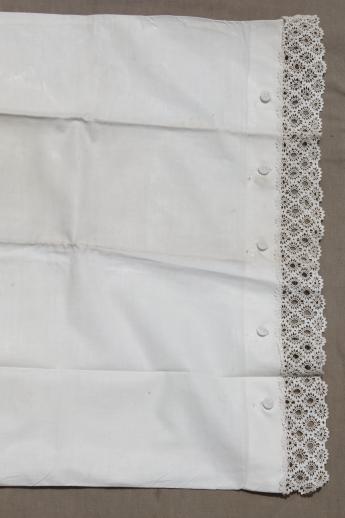 1920s vintage button-up pillowcases, pair of antique lace edged cotton pillow shams