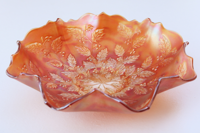 1920s vintage carnival glass bowl, Fenton Holly berry pattern marigold orange luster